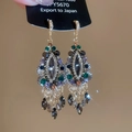 Vintage gold-tone drop earrings with emerald and violet rhinestones on display tag - Gold Green (75#)