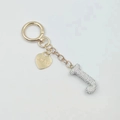 Golden keychain with sparkling rhinestone letter J pendant and engraved heart charm - Letter J