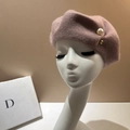 French style wool beret in Morandi pink with elegant pearl and metal bead accents - M (56-58cm) / Lotus Pink