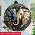 2D flat printed bohemian acrylic disc with blue and white decorative elephants - Double Elephants Pattern (16) / 15x15x0.2cm