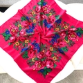 Detail of vintage floral pattern on rose red cotton linen square scarf with vibrant blooms - 70x70cm / Rose Red