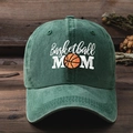 Close-up of Basketball MOM embroidery on dark green washed cotton baseball cap - One Size / Dark Green
