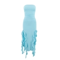 Close-up of light blue strapless bodycon dress with ruffle trim and ruched texture details - Light Blue