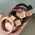 Elastic braided hair ties in black, brown, and beige with handmade leather labels - Thin Mixed 5pcs (Bagged)