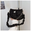 Close-up of black ruched cloud bag with metal chain strap and Jing Pin logo label - Black