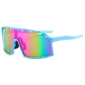 Blue cycling sunglasses with red splatter pattern and colorful iridescent lenses - Blue Splatter Rose Red Frame Purple Lens