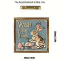 Vintage wooden Easter bunny egg plaque with 'Wash Your Hands' text and rear sawtooth hook - Wooden Frame Hanging Decor Wash Your Hands Rabbit & Eggs