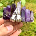 Handcrafted hair comb with raw purple amethyst crystals and silver crow skull charms - Amethyst + Silver Crow Skull