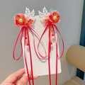 Detail of red flower hair clips with white wings, pearls and long tassels, 2-piece set - Plum Blossom Five Blessings Pair