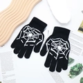 Black knit fingerless gloves featuring a white spider web design and center spider print - One Size / Full Finger Spider Web