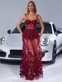 Elegant burgundy corset mesh evening dress with 3D floral appliques and sheer long skirt - S / Burgundy