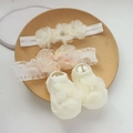 Detail of baby headband and socks gift set featuring lace mesh flowers and sequins - 4662 Beige Mesh Flower Headband + Socks