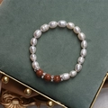 Natural freshwater pearl bracelet with brown sandstone beads and rhinestone spacers - Goldstone Pearl