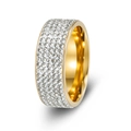 Golden 8mm stainless steel ring with five rows of sparkling cubic zirconia stones - US 6 / Gold