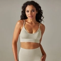 Close-up of seamless ribbed texture on light green yoga bra and high waist leggings - Light Gray