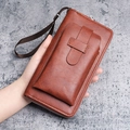Brown leather long wallet for men with phone pocket and detachable wrist strap - Red Brown