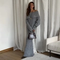 Off-shoulder long sleeve knitted maxi dress in grey with elegant bodycon fit - S / Gray
