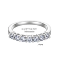 Detail view of seven 0.1ct moissanite stones set in a silver ring with measurement text - US 5 / 7-Stone Ring / Platinum
