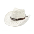 Detail of white crochet cowboy hat with hollow diamond patterns and studded leather band - M (56-58cm) / White