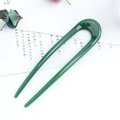 Deep green U-shaped hair pin with faux jade texture for elegant daily bun hairstyles - Jade Green