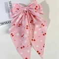Pink satin bow hair clip with cherry and daisy print featuring long elegant streamers - Pink Heart Cherry (C)
