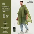 Army green long EVA waterproof poncho for adults with matching drawstring storage pouch - Army Green