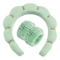 Light green velvet sponge headband with rhinestones and matching elastic wristbands - 3pcs Set (Headband + Wristbands) / Jelly Green with Rhinestones