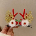 Christmas reindeer antler hair clips with red horns, gold leaves and white pom-poms - 58- Christmas Antler Hair Clip #Ruby Gold Branch Pair