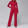 Women's red brushed yoga set featuring a zip-up slim jacket and wide-leg sports pants - Lava Red (Jacket+Wide Leg Pants)