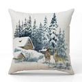 Housse de coussin en lin avec motif aquarelle de forêt et cerfs pour décoration - Forêt d'Hiver et Cerf