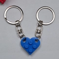 Blue heart-shaped interlocking brick keychain pair with metal rings for couples - Dark Blue