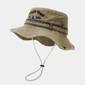Khaki cotton bucket hat with retro letter embroidery and adjustable windproof strap - Khaki