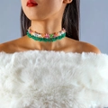 Colorful floral choker necklace with resin flower elements worn on neck over white sweater - 27080-Multicolor Woven Flower Choker