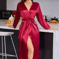 Elegant long-sleeved silk satin robe in deep burgundy with tie waist and side slit detail - S / Burgundy