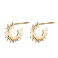 Close-up of golden stainless steel semi-circle sunburst stud earrings on white base - Sunflower Gold