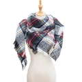 Classic red and green tartan plaid shawl scarf with fringes draped on a mannequin - 135cm x 135cm / White Multi-color
