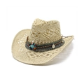Handmade woven straw cowboy hat with bohemian turquoise beads and grey fringe tassels - M (56-58cm) / Beige