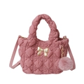 Sac à main rose matelassé en nylon avec nœud doré et pompon doux pour femmes - Rose Rouge