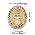 Detail of 14K gold plated Virgin Mary pendant with colorful heart gems and size specs - Oval Virgin Mary
