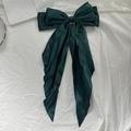 Elegant dark green satin bow hair clip with long ribbons and silky glossy finish - Dark Green
