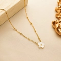 Elegant 18k gold plated titanium necklace with white shell flower pendant and beads - Necklace / Gold