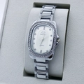 Silver luxury quartz watch for women with rhinestone oval dial and metallic mesh band - Silver