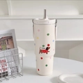 Large capacity cream straw tumbler with cute cartoon dog and portable handle - Beige Polka Dot - Happy Dog