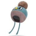 Blue and purple knit children winter hat with ear flaps and large faux fur pompom - Lake Blue