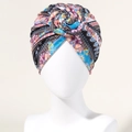Ethnic printed turban hat with twist knot design in vibrant blue and orange hues - Light Blue