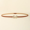 Cintura sottile in pelle marrone con fibbia dorata decorata con una perla - 19671 Cammello/Fibbia Conchiglia Perla
