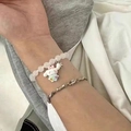 Double-layered bracelet with pink beads, silver chain and Cinnamoroll star charm - S023-cinnamon Dog Glass Bracelet #sz201