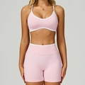 Ensemble de yoga sans couture rose clair pour femme avec liseré blanc et taille côtelée - S / Soutien-Gorge+Short - Rose/Blanc Contrasté