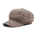 Brown plaid newsboy cap made of thick wool fabric with vintage octagonal design - 58-59cm / Khaki