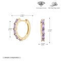 Detail view of 925 sterling silver hoop earrings with purple 5A cubic zirconia and dimensions - Gold/Purple Zirconia